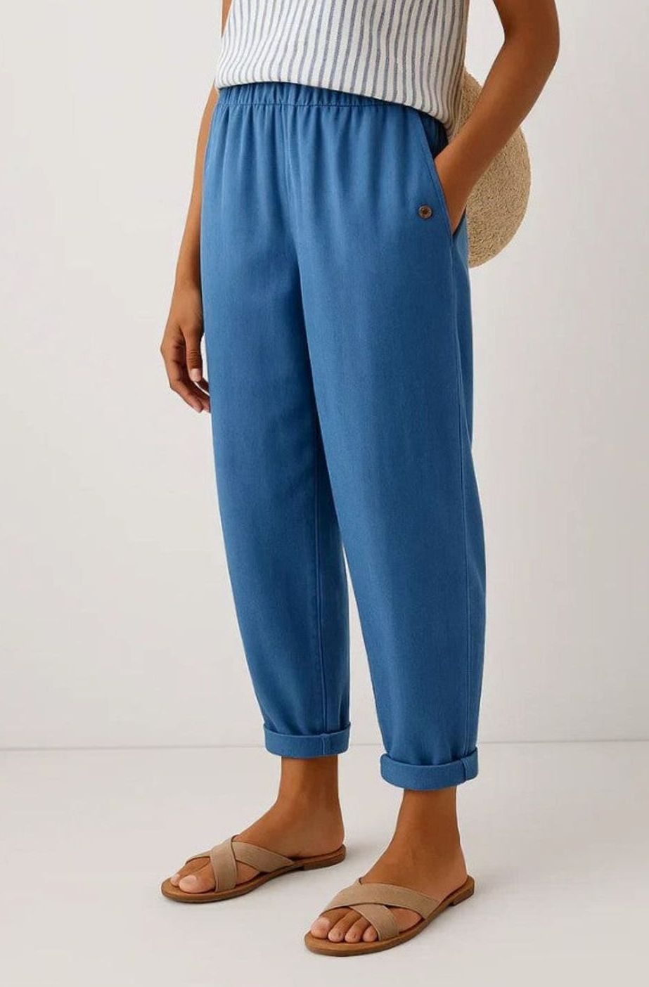 Women's Relaxed Straight-Leg Elastic-Waist Linen Trousers - Blue