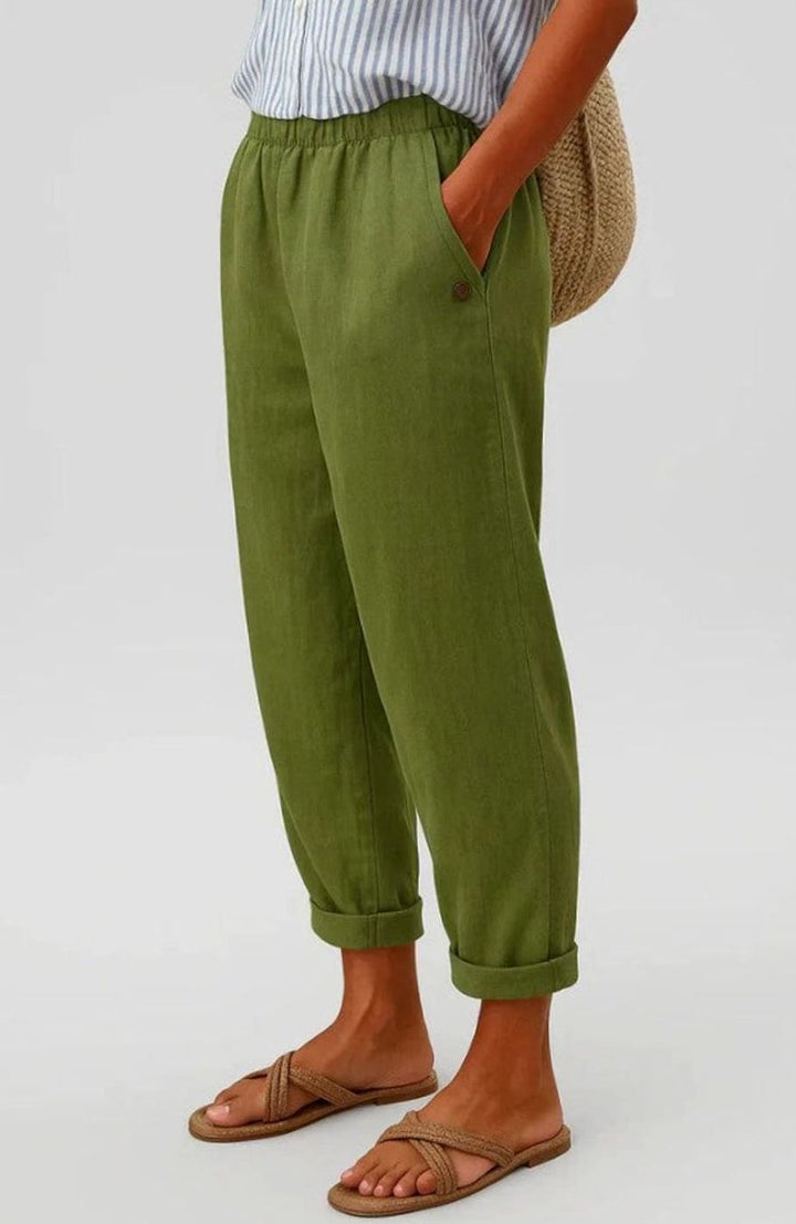 Women's Relaxed Straight-Leg Elastic-Waist Linen Trousers - Olive Green