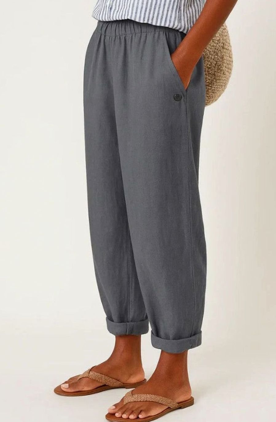 Women's Relaxed Straight-Leg Elastic-Waist Linen Trousers - Dark Grey