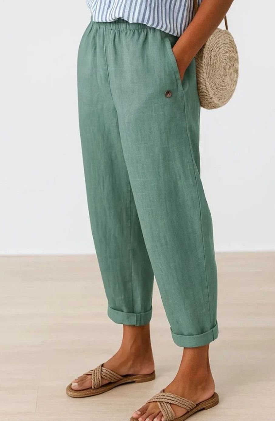 Women's Relaxed Straight-Leg Elastic-Waist Linen Trousers - Turquoise