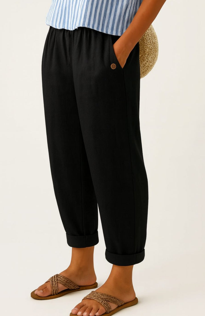 Women's Relaxed Straight-Leg Elastic-Waist Linen Trousers - Black