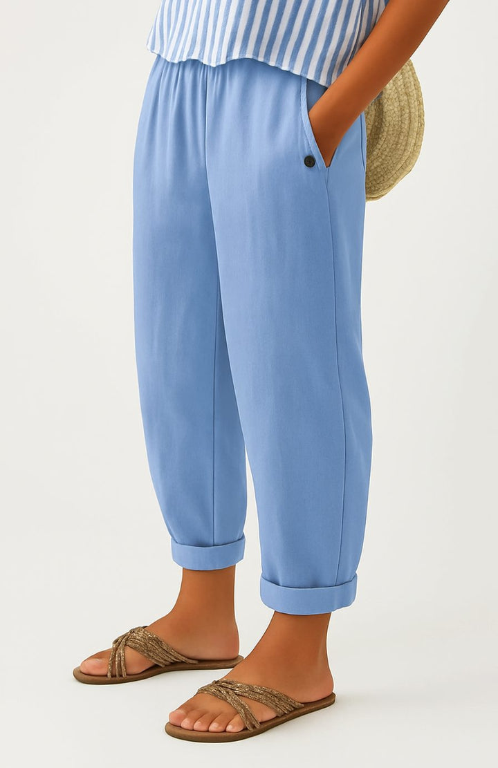 Women's Relaxed Straight-Leg Elastic-Waist Linen Trousers - Light Blue