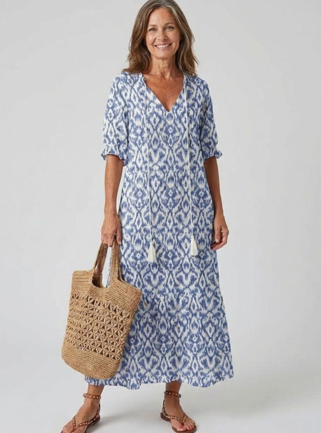 Women's Relaxed V-Neck Ikat Print Tassel Midi Dress