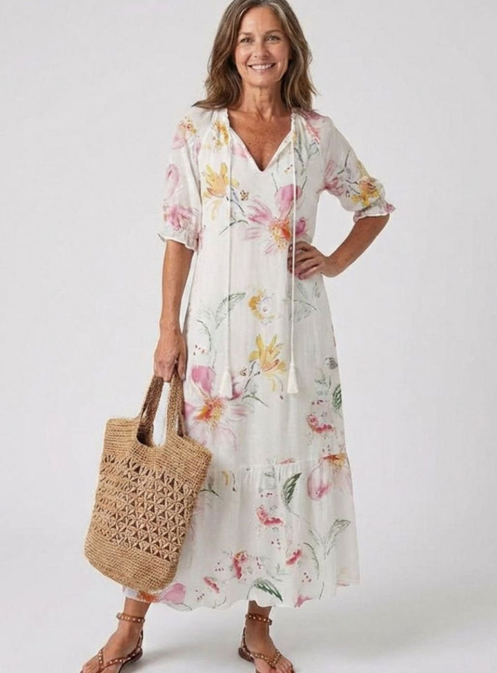 Women's Relaxed V-Neck Ikat Print Tassel Midi Dress
