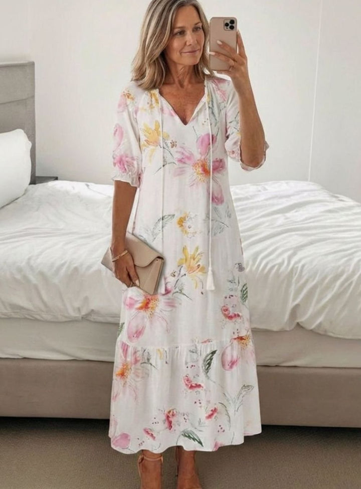 Women's Relaxed V-Neck Ikat Print Tassel Midi Dress
