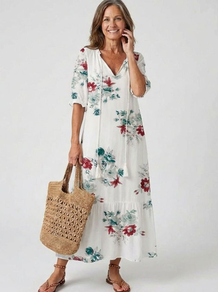 Women's Relaxed V-Neck Ikat Print Tassel Midi Dress