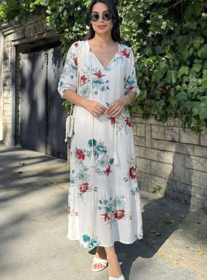 Women's Relaxed V-Neck Ikat Print Tassel Midi Dress