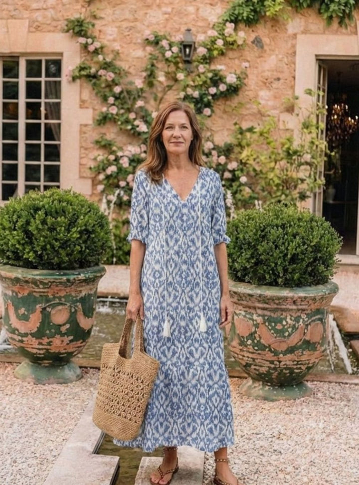 Women's Relaxed V-Neck Ikat Print Tassel-Tie Midi Dress