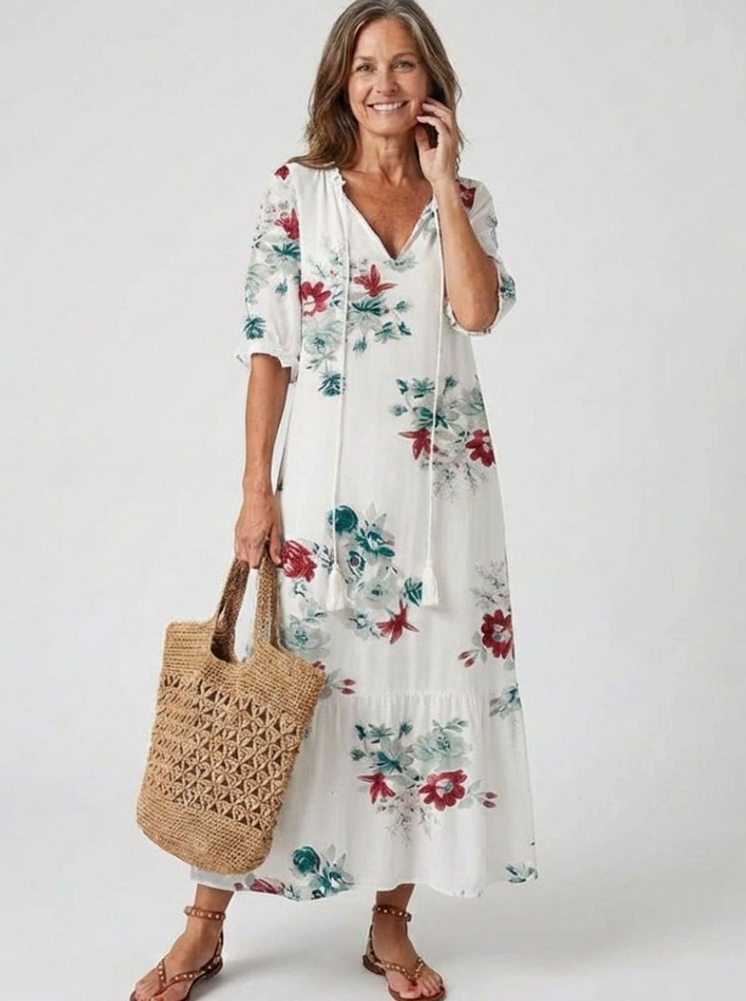 Women's Relaxed V-Neck Ikat Print Tassel-Tie Midi Dress