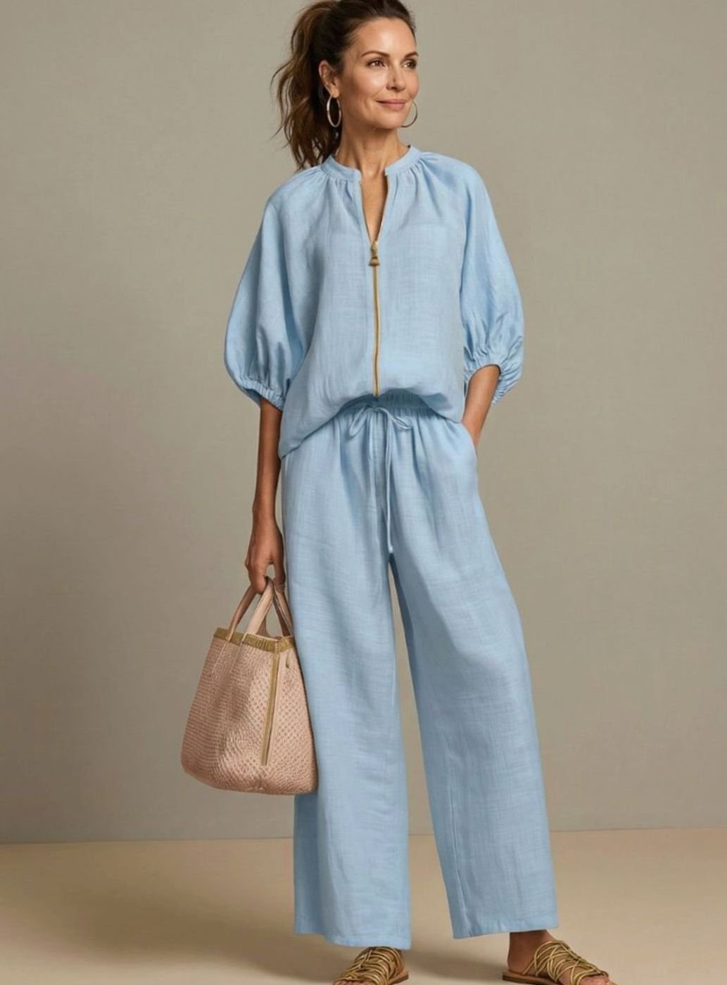 Women's Relaxed Zip-Front Blouson Top Wide-Leg Trouser Co-ord Set