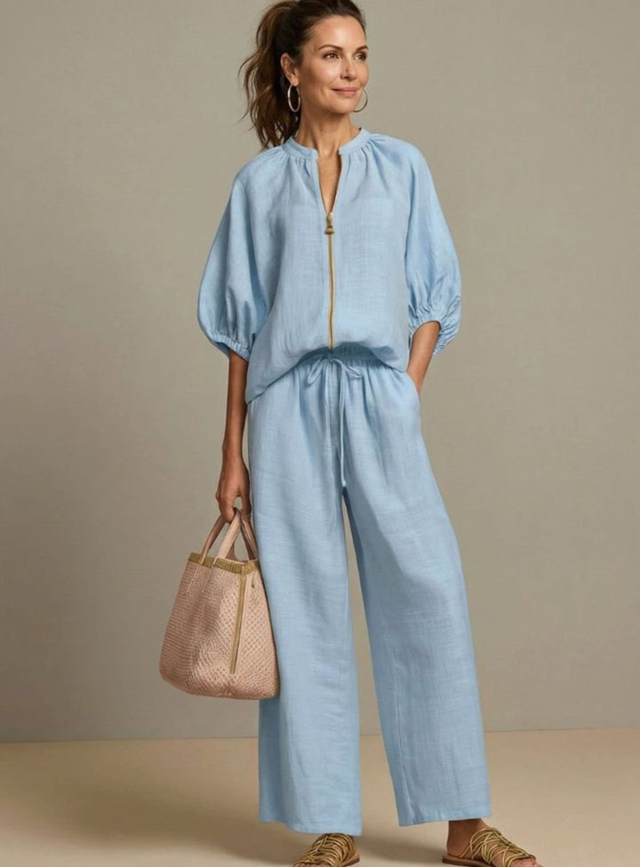 Women's Relaxed Zip-Front Blouson Top Wide-Leg Trouser Co-ord Set