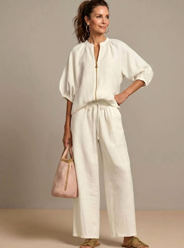 Women's Relaxed Zip-Front Blouson Top Wide-Leg Trouser Co-ord Set