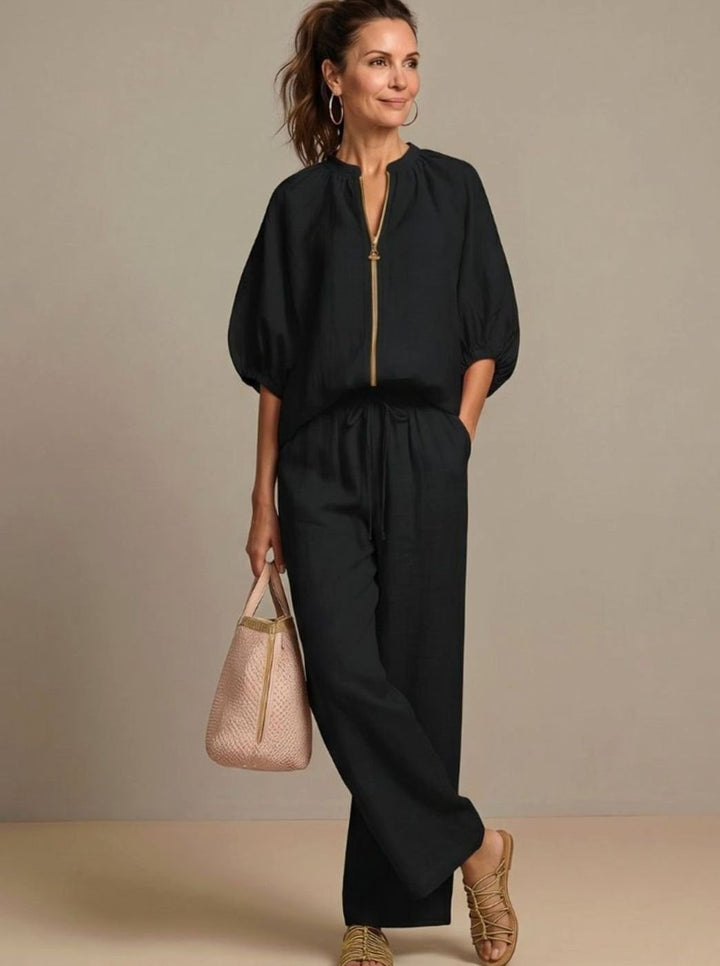 Women's Relaxed Zip-Front Blouson Top Wide-Leg Trouser Co-ord Set