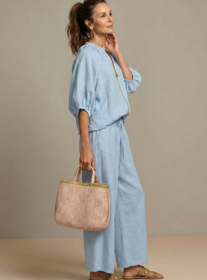 Women's Relaxed Zip-Front Blouson Top Wide-Leg Trouser Co-ord Set