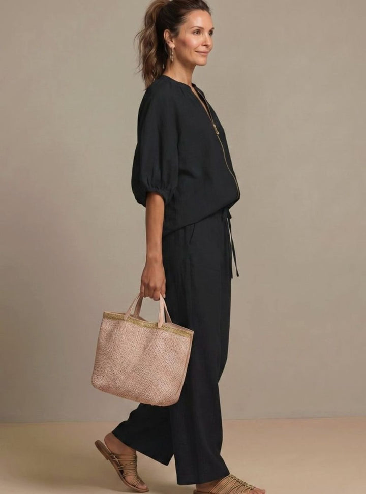 Women's Relaxed Zip-Front Blouson Top Wide-Leg Trouser Co-ord Set