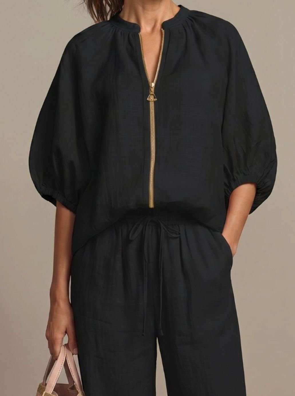 Women's Relaxed Zip-Front Blouson Top Wide-Leg Trouser Co-ord Set
