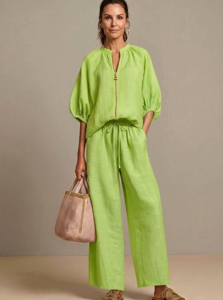 Women's Relaxed Zip-Front Blouson Top Wide-Leg Trouser Co-ord Set