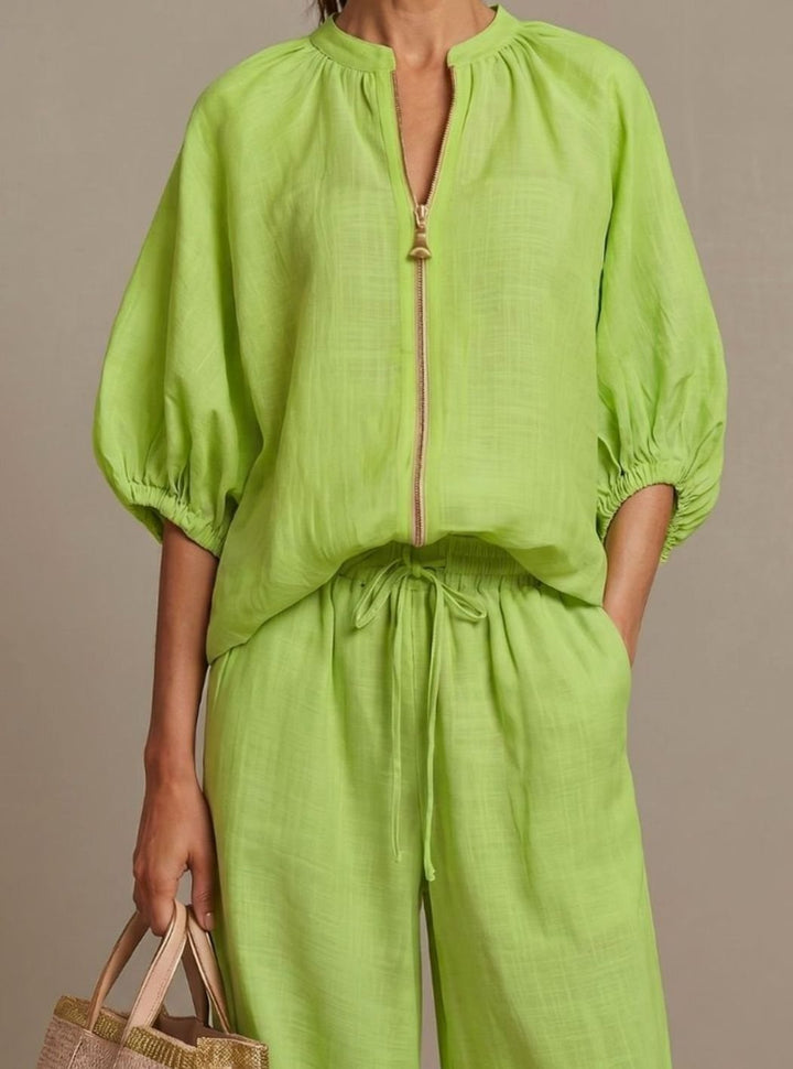 Women's Relaxed Zip-Front Blouson Top Wide-Leg Trouser Co-ord Set