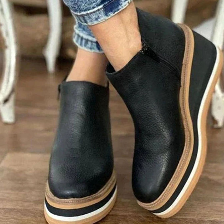 Women's Retro Wedge Platform Ankle Boots Side-Zip Round Toe - Black