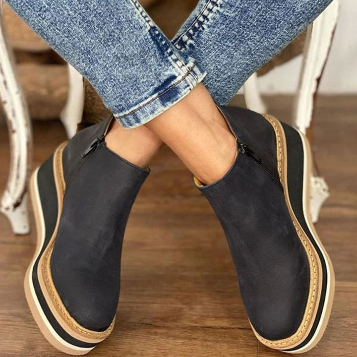 Women's Retro Wedge Platform Ankle Boots Side-Zip Round Toe