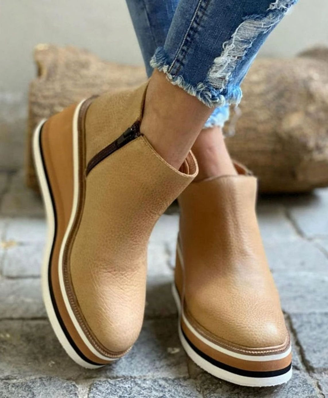 Women's Retro Wedge Platform Ankle Boots Side-Zip Round Toe - Khaki