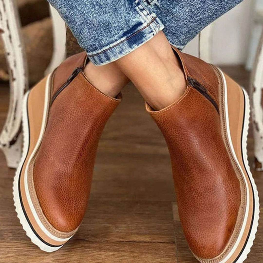Women's Retro Wedge Platform Ankle Boots Side-Zip Round Toe - Dark Brown