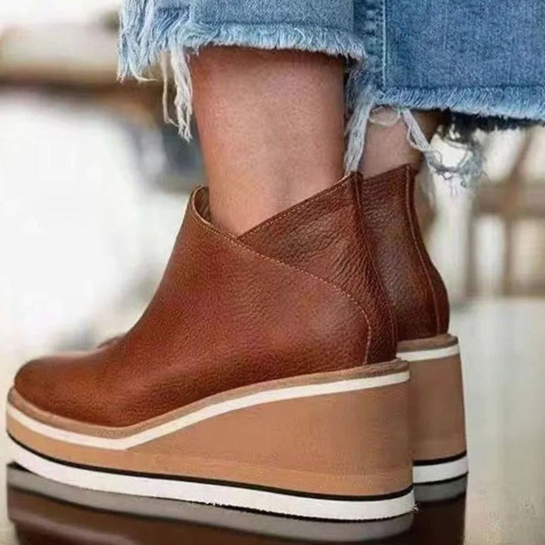 Women's Retro Wedge Platform Ankle Boots Side-Zip Round Toe