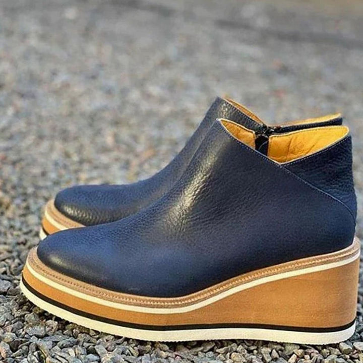 Women's Retro Wedge Platform Ankle Boots Side-Zip Round Toe - Dark Navy