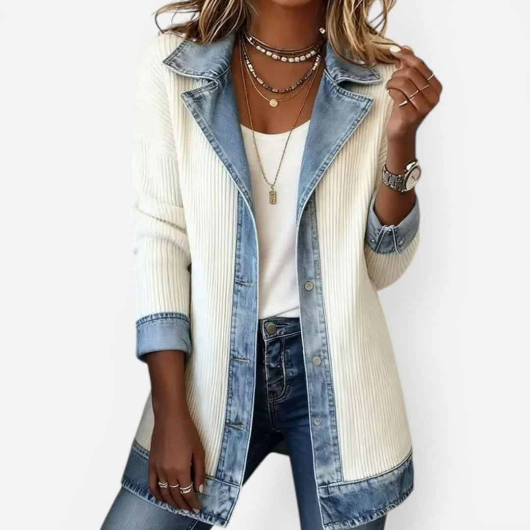 Women's Ribbed Knit Denim Trim Long-Sleeve Vintage Jacket
