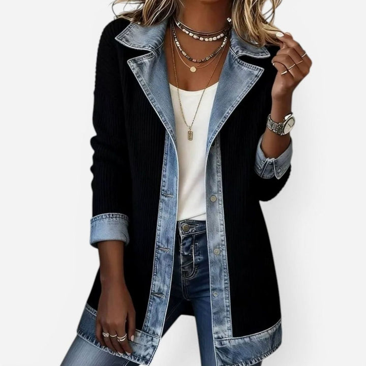 Women's Ribbed Knit Denim Trim Long-Sleeve Vintage Jacket