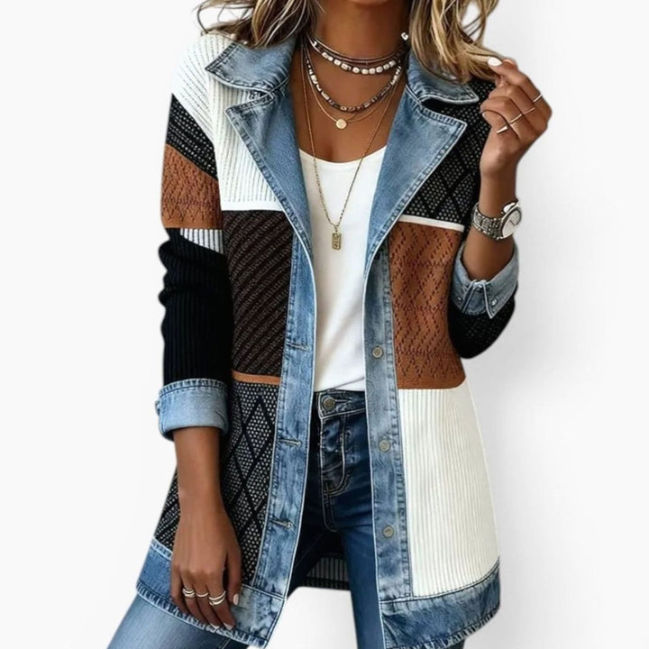 Women's Ribbed Knit Denim Trim Long-Sleeve Vintage Jacket