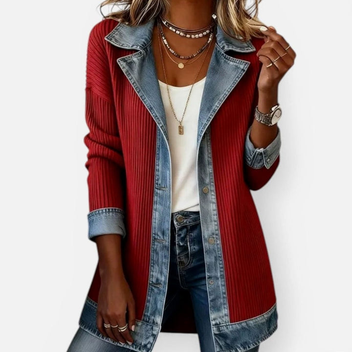 Women's Ribbed Knit Denim Trim Long-Sleeve Vintage Jacket