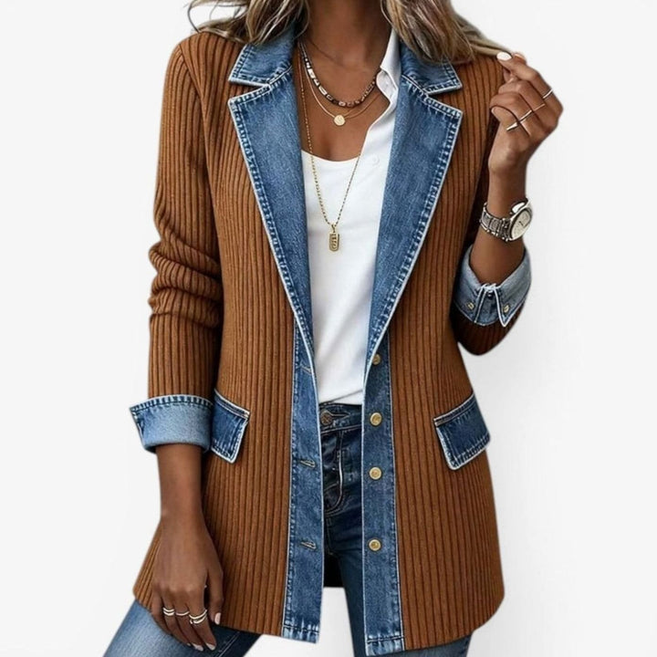 Women's Ribbed Knit Denim Trim Long-Sleeve Vintage Jacket