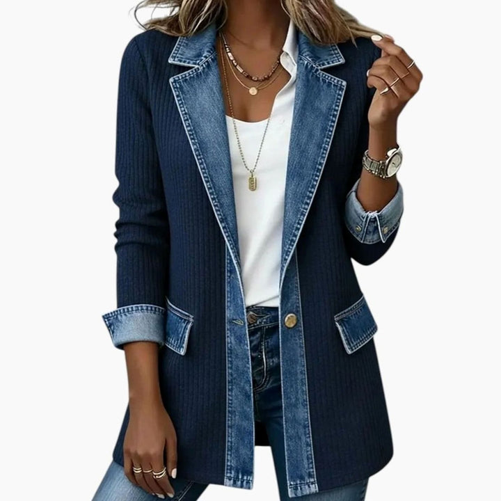 Women's Ribbed Knit Denim Trim Long-Sleeve Vintage Jacket