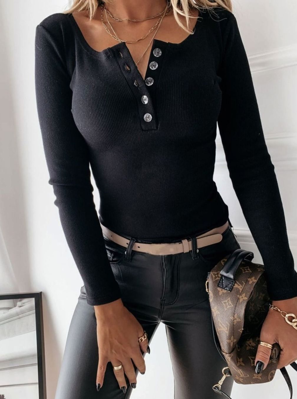 Women's Ribbed Long-Sleeve Button-Placket Henley Top