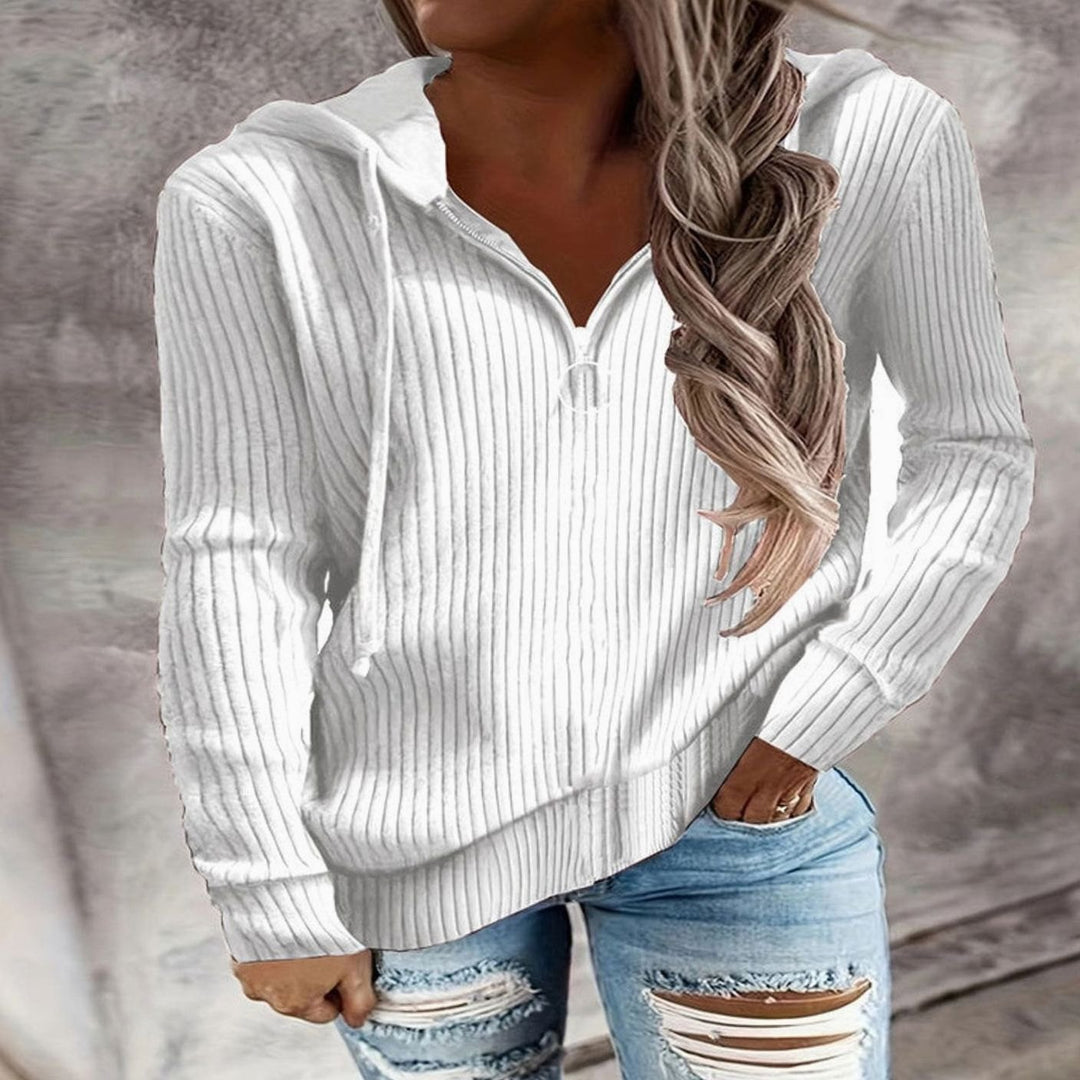 Women's Ribbed Quarter-Zip Hooded Pullover Jumper