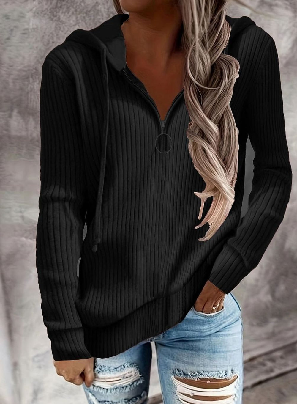 Women's Ribbed Quarter-Zip Hooded Pullover Jumper