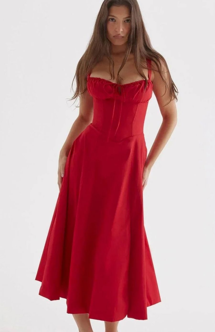 Women's Ruched Corset Bodice A-Line Midi Dress