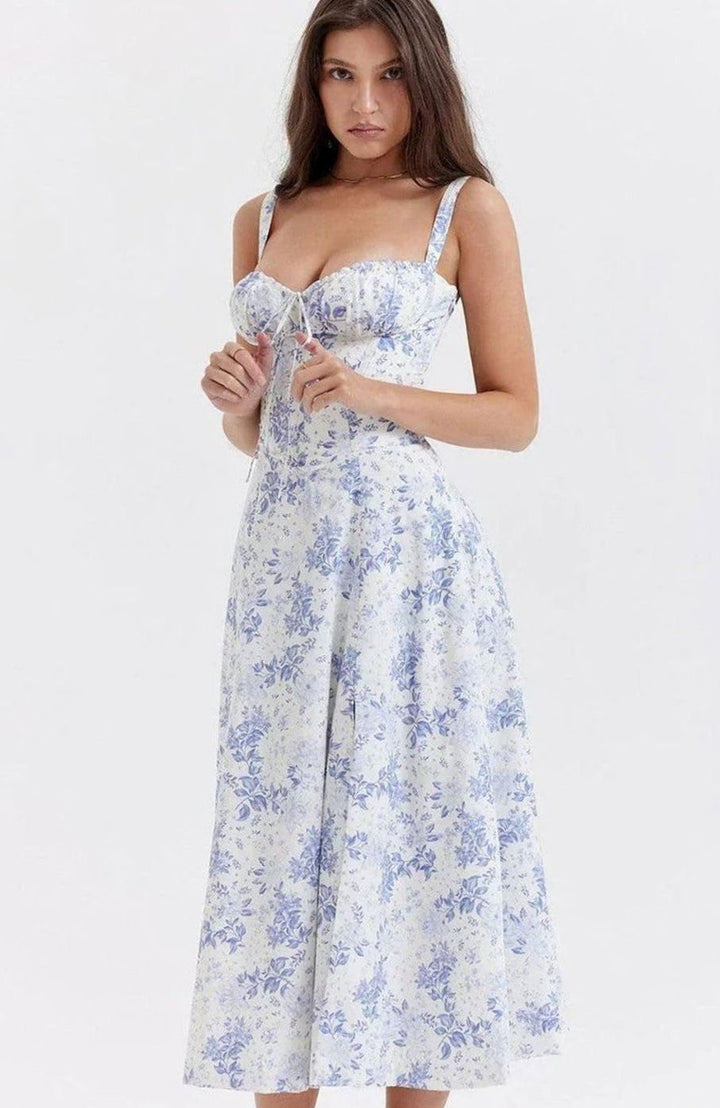 Women's Ruched Corset Bodice A-Line Midi Dress