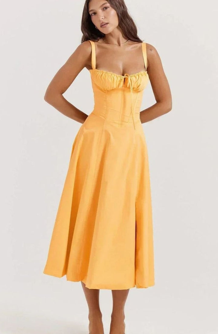 Women's Ruched Corset Bodice A-Line Midi Dress, Orange