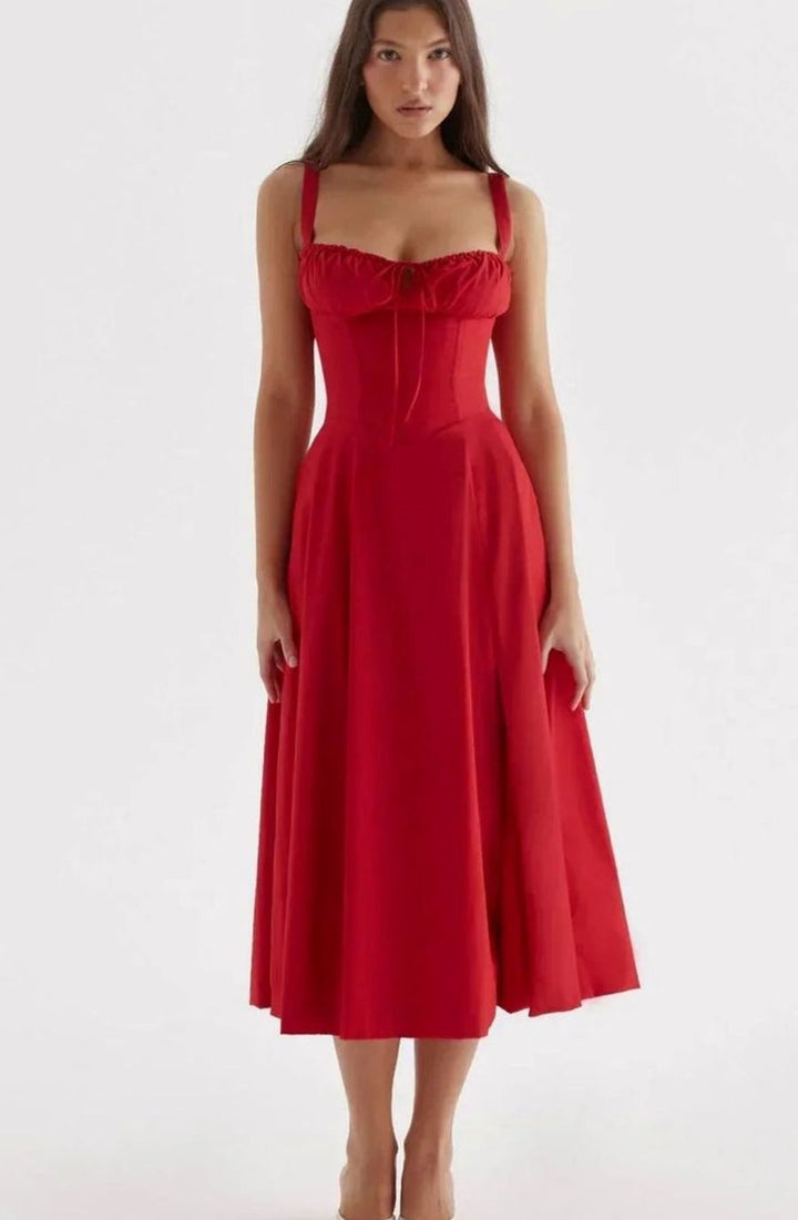 Women's Ruched Corset Bodice A-Line Midi Dress, Orange