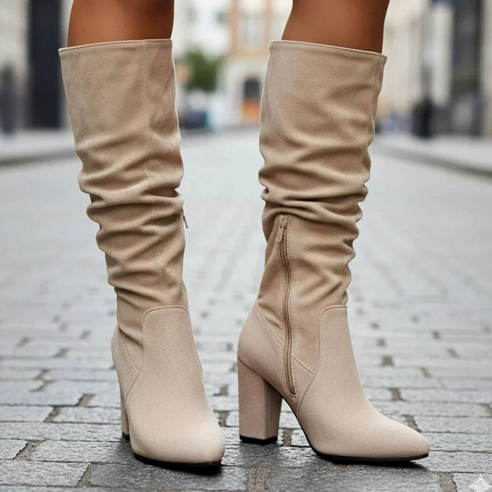Women's Ruched Knee-High Block-Heel Zip-Up Slouch Boots