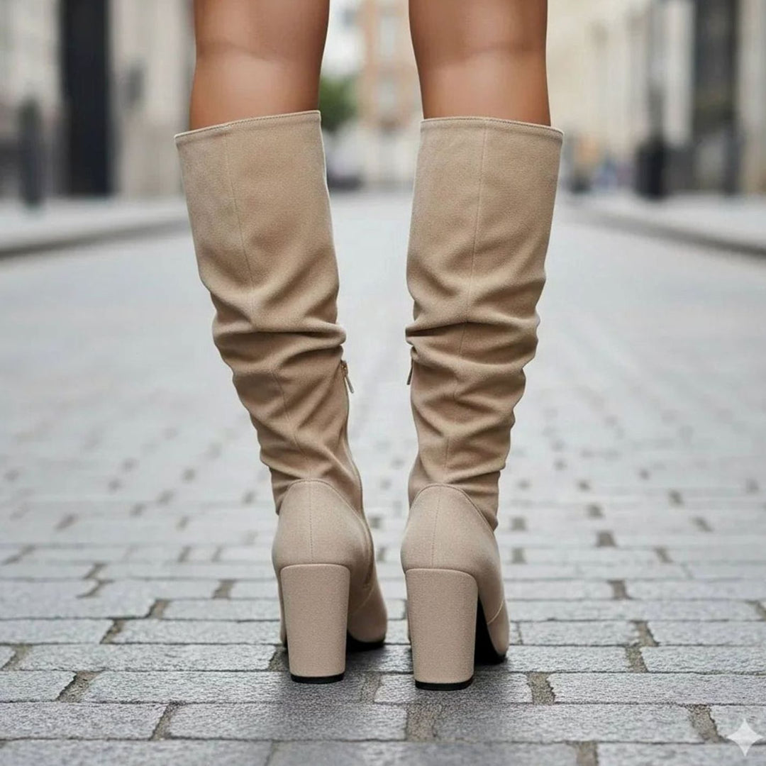 Women's Ruched Knee-High Block-Heel Zip-Up Slouch Boots