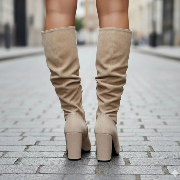 Women's Ruched Knee-High Block-Heel Zip-Up Slouch Boots