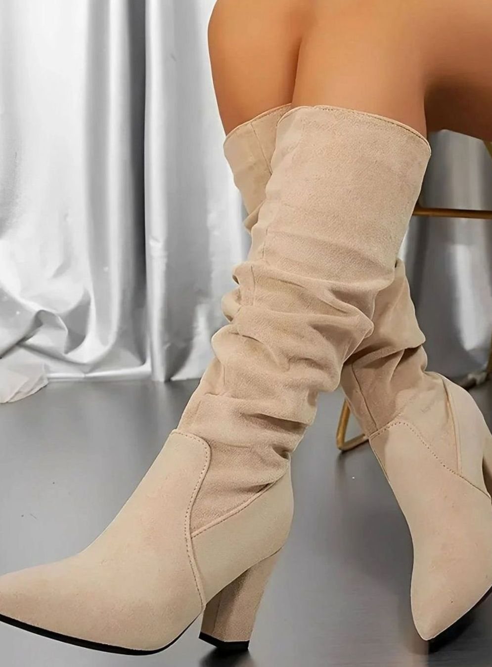 Women's Ruched Knee-High Block-Heel Zip-Up Slouch Boots