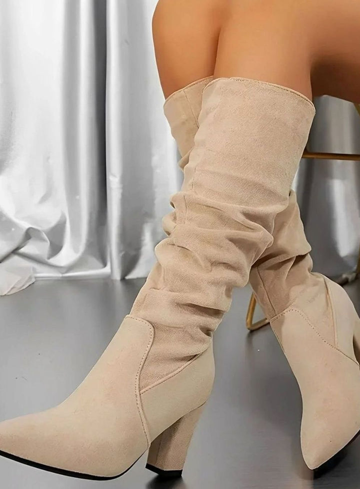 Women's Ruched Knee-High Block-Heel Zip-Up Slouch Boots