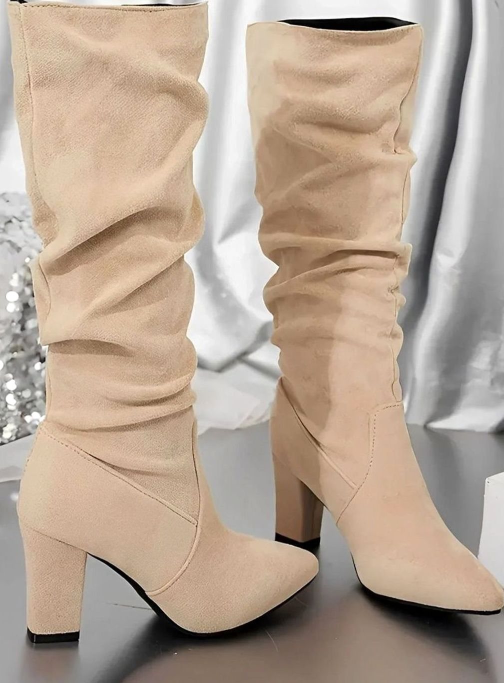 Women's Ruched Knee-High Block-Heel Zip-Up Slouch Boots