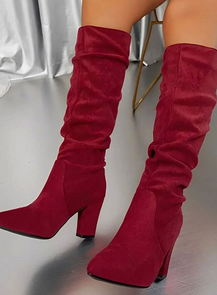 Women's Ruched Knee-High Block-Heel Zip-Up Slouch Boots