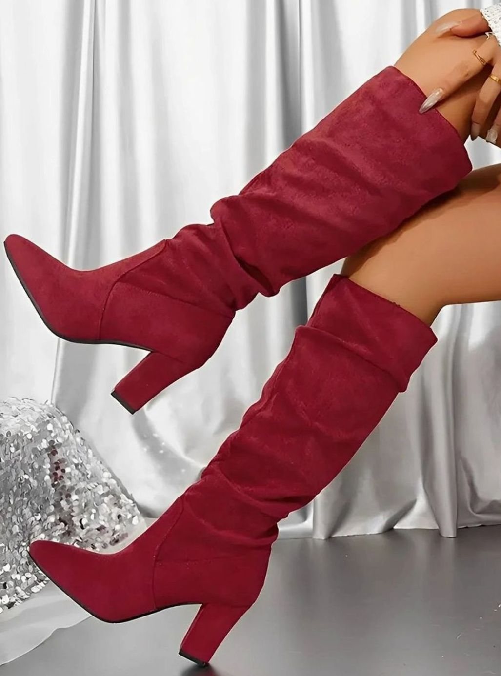 Women's Ruched Knee-High Block-Heel Zip-Up Slouch Boots
