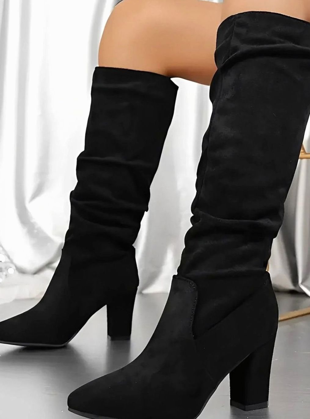 Women's Ruched Knee-High Block-Heel Zip-Up Slouch Boots